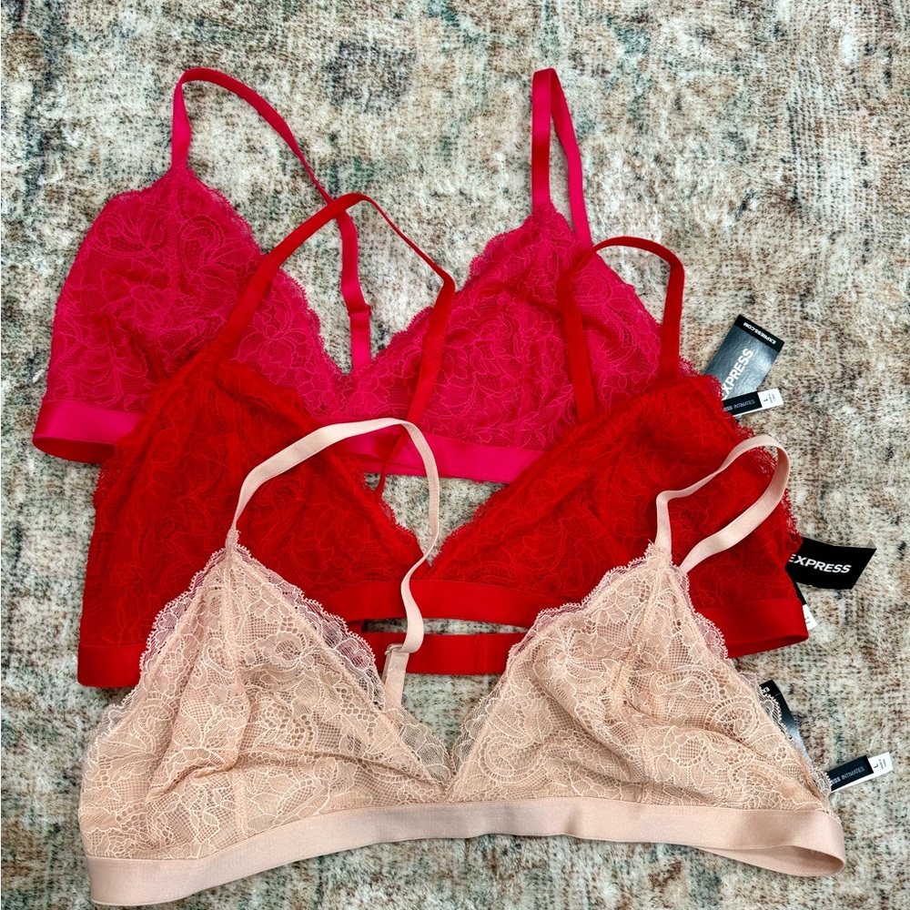 3 bralettes from Express. Red, pink and nude